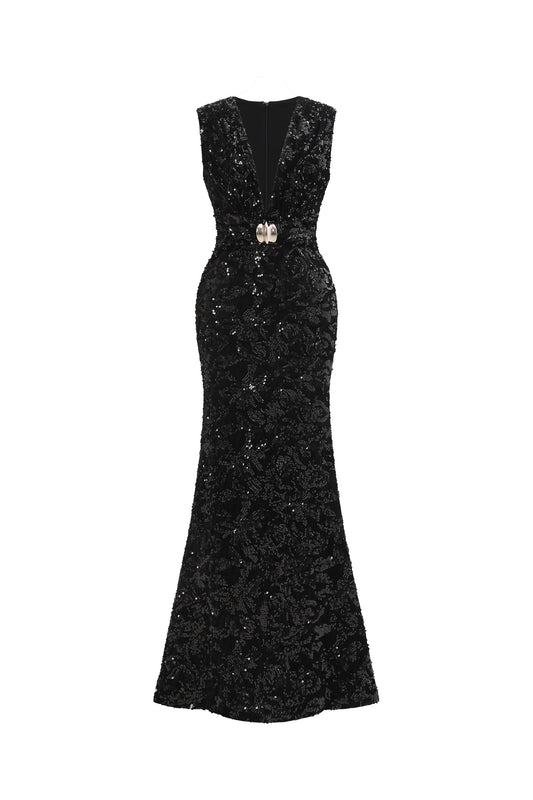 Vestido Maxi Contour sem Mangas com Decote V Profundo e Fivela Metálica em Paetê Veludo