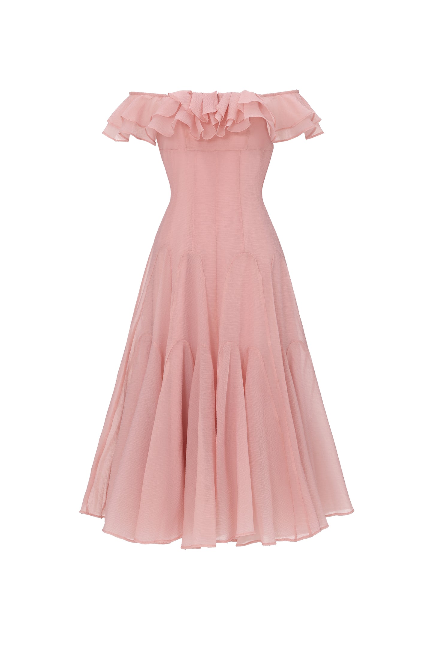 Vestido Midi Wika com Ombros à Mostra e Babado Fluido