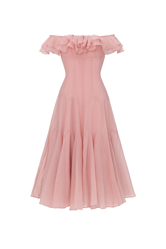 Vestido Midi Wika com Ombros à Mostra e Babado Fluido