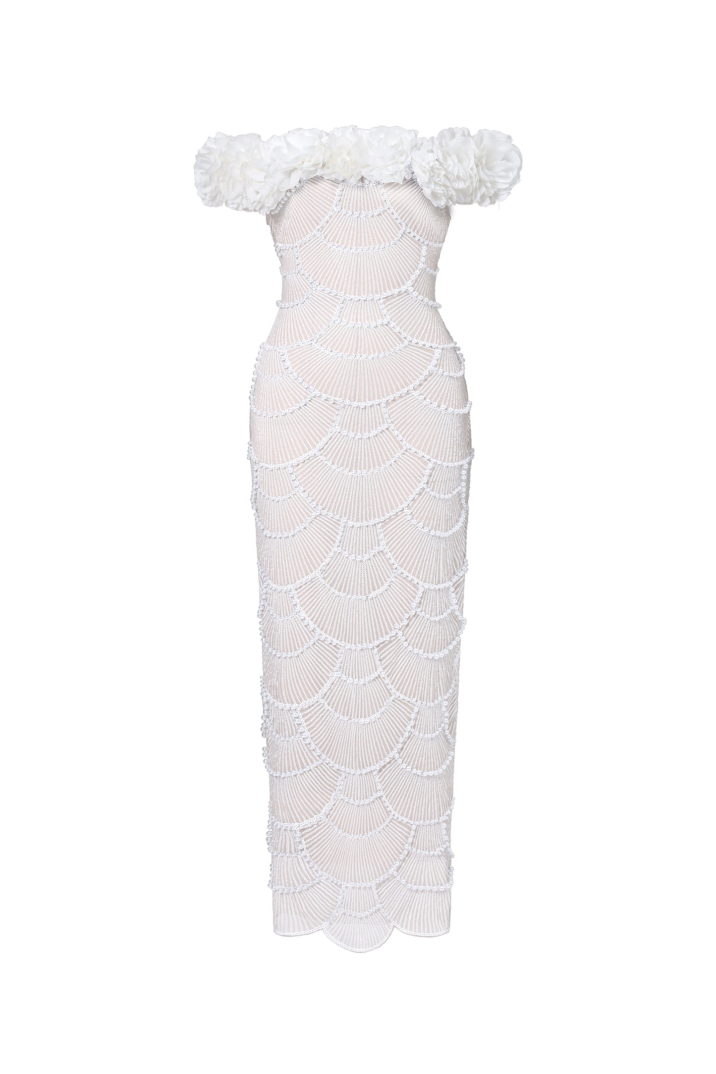 Vestido Maxi Neela com Flores e Pérolas, Ombro a Ombro