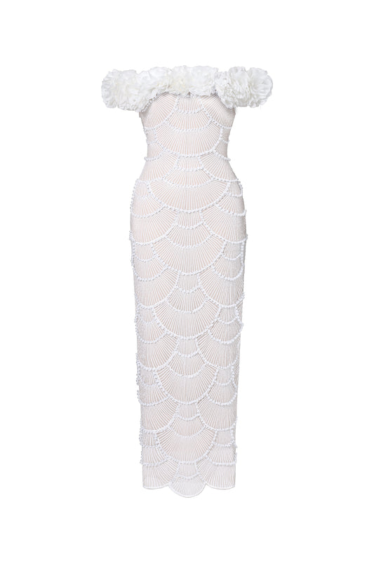 Vestido Maxi Neela com Flores e Pérolas, Ombro a Ombro