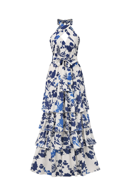 Vestido Maxi Ninon com Estampa e Decote Halter