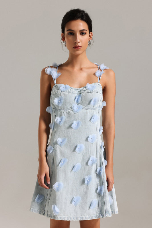 Vestido Mini Halter Olivia Flowers em Denim