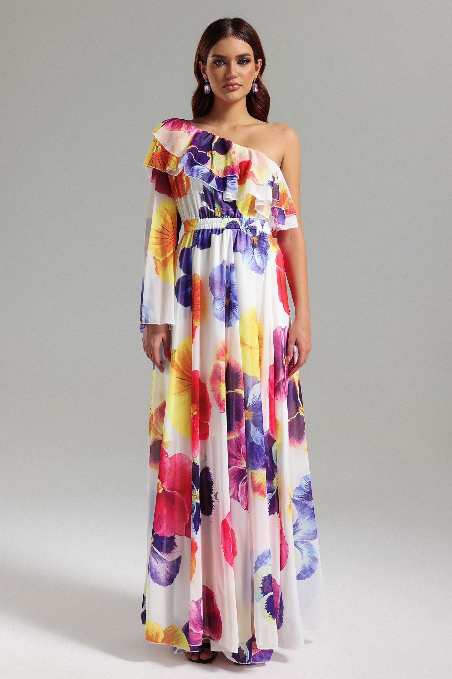 Vestido Maxi Salina com Um Ombro, Estampa e Mesh