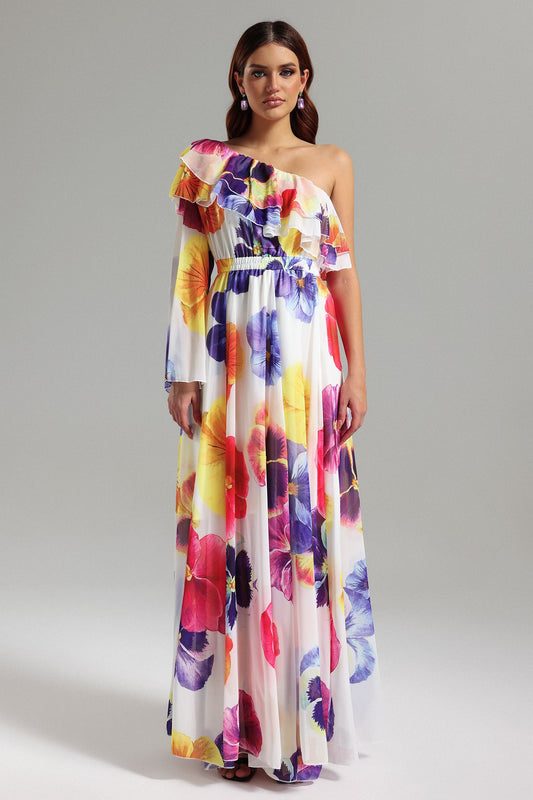 Vestido Maxi Salina com Um Ombro, Estampa e Mesh