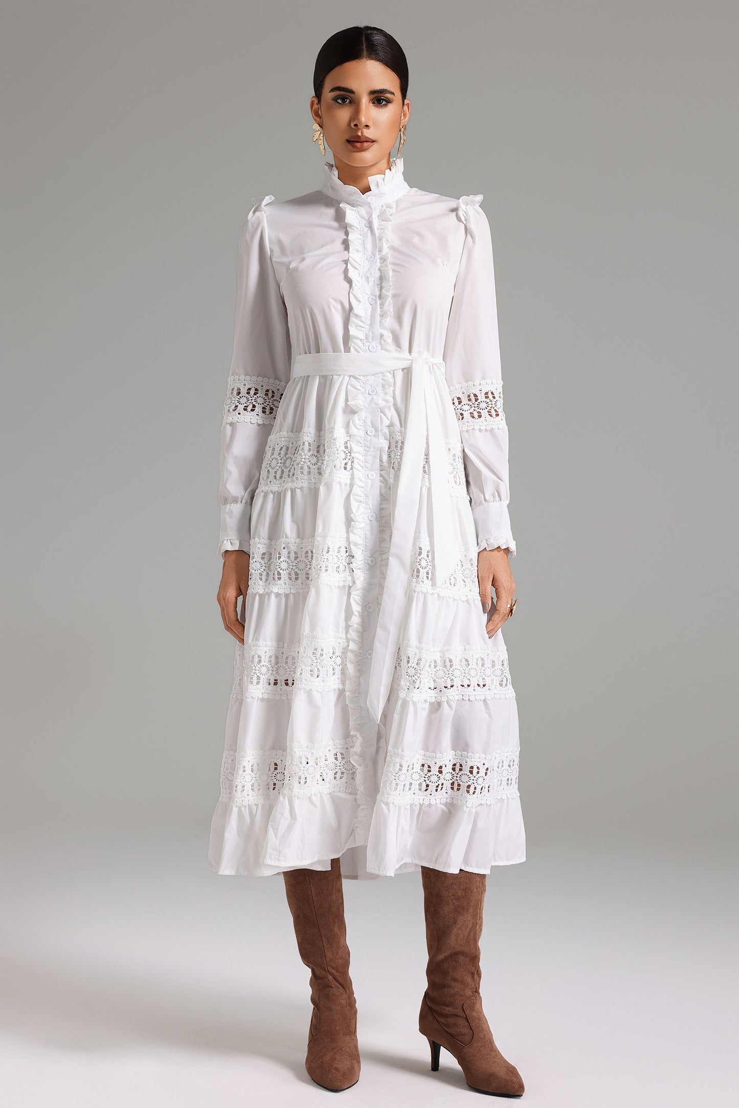 Vestido Midi Villy com Babado e Renda