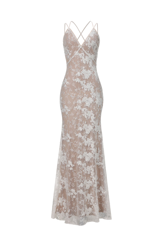Vestido de Noiva Maxi Thea com Alças, Decote em V e Detalhes em Paetê e Renda