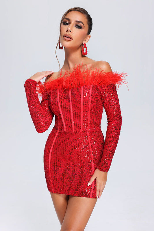 Vestido Wooh com Paetês e Penas - Vermelho