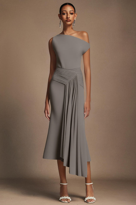 Vestido Midi Paulina Ombro Oblíquo Cinza